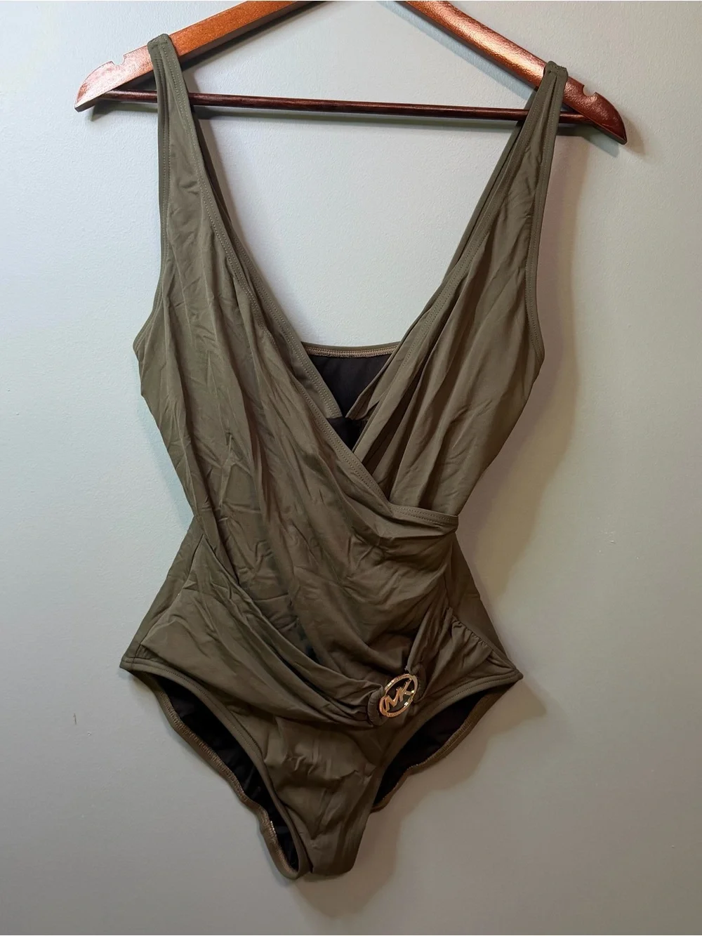 Michael Kors Olive Green V Neck Wrap One Piece Swimsuit Size 8 Gold MK Logo
